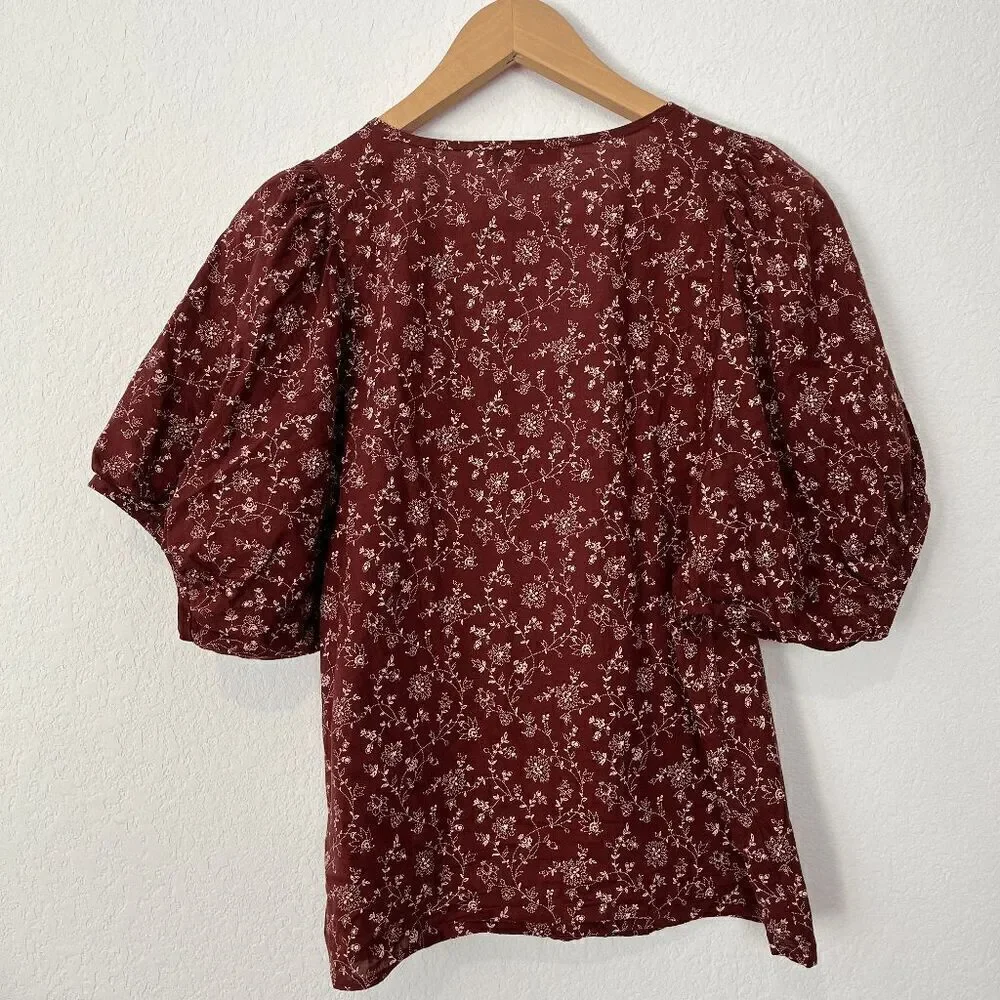 Madewell Weathered Brick Floral V-Neck Puff Sleeve Top Women's Size Small